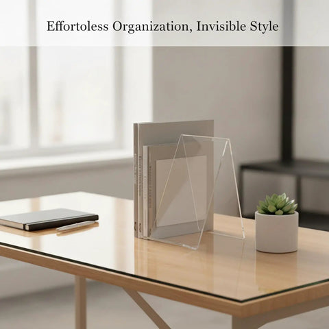 Clear Acrylic L Shaped Bookends For Desk And Shelf Organization No Fuss Invisible Support Brackets on a glass desk