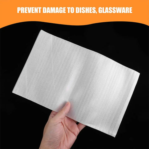Hand holding 200 Pcs Foam Wrap Pouches For Shipping And Packing, Cushioned EPE Foam Bags with text 'Prevent Damage to Dishes, Glassware'