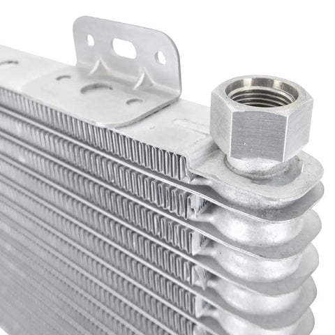 Close-up of Beefed-Up Universal 13-Row Stacked-Plate Transmission Cooler Kit For Heavy Towing Duties, aluminum core detail