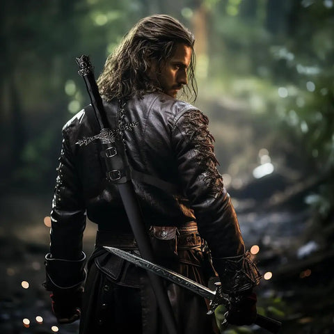 Warrior wearing Medieval Leather Back Sword Shoulder Frog With Adjustable Sheath Holster, standing in forest, sword visible on back.