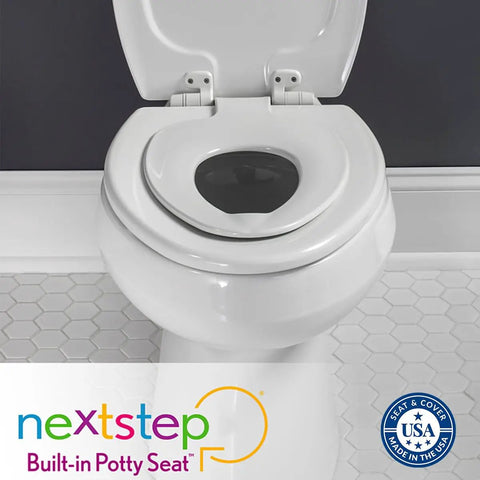 NextStep2 Toilet Seat With Built-In Toddler Potty Training Seat, Slow-Close Lid, Round Biscuit Color on a standard toilet