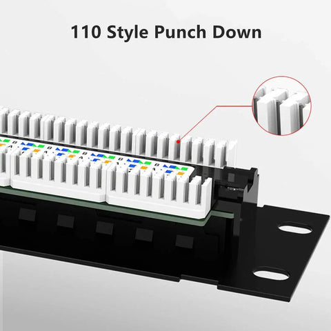 Close-up of 110 style punch down connections on Cat6 12 Port Unshielded Patch Panel with color-coded wiring.
