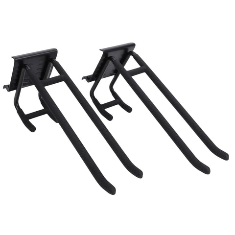 Beefy Garage Wall Storage Kit With 3 Heavy Alloy Steel Rails 3 Shelves And 6 Hooks for tools and garden gear close-up of hooks