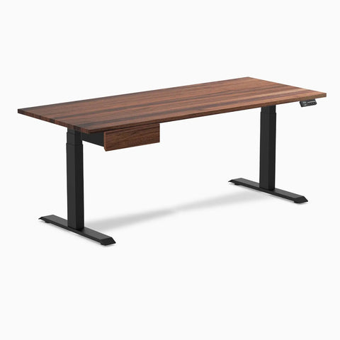 Straight Up Solid Hardwood Ergonomic Standing Desk With Sleek Dual Drawers For Chill Work From Home Setup And Premium Walnut Gray Finish.