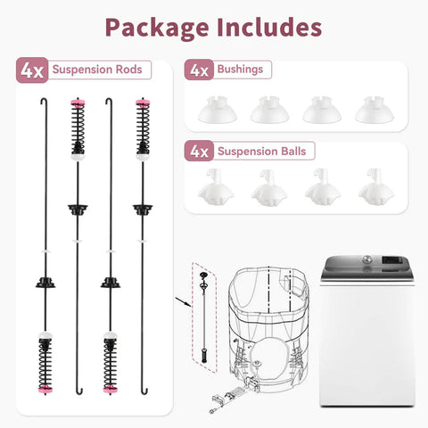 Washer Suspension Rod Kit Easy Install Includes 4 Rods 4 Balls 4 Bushings Replacement Part W11130360 For Top Load Washers Compatible With Whirlpool Maytag Kenmore kit components