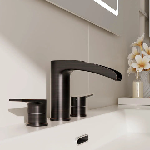 Oil Rubbed Bronze Waterfall Bathroom Faucet Dope All Metal Build 8 Inch Widespread 3 Hole Modern Design With Pop Up Drain