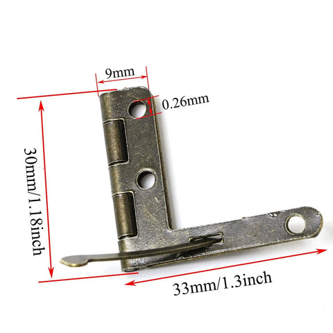 Close-up of 4 Pack Metal Wooden Box Hinges With 90 Degree Spring Action Angle Support DIY Furniture Hardware For Woodworking Projects Green Bronze Finish Includes Mounting Screws showing dimensions and metal texture.