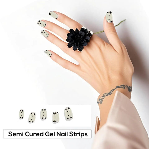 Hand with black star design Semi Cured Gel Nail Strips And Wraps 20 Pack For DIY Manicure With UV Or LED Lamp Required Lasts Up To 14+