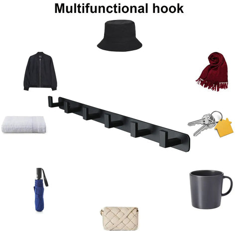 Heavy Duty Wall Mounted Coat Rack With Six Sturdy Hooks Crafted From Solid 304 Stainless Steel Rust Resistant Entryway Organizer displaying a black rack with hats, scarves, and keys.