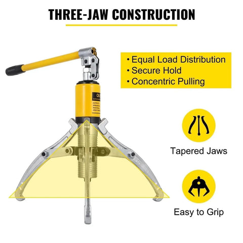 Heavy Hitter Hydraulic Gear Puller Wheel Bearing Hub Removal Kit with three-jaw construction, featuring tapered jaws for secure grip.
