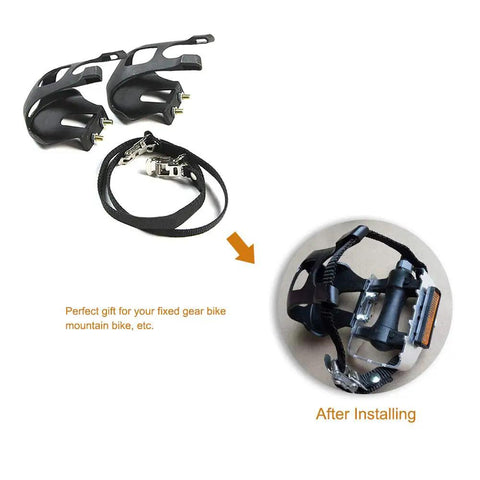 1 Pair Bike Pedals With Toe Clip And Strap For Indoor Outdoor Cycling with adjustable nylon straps shown before and after installation