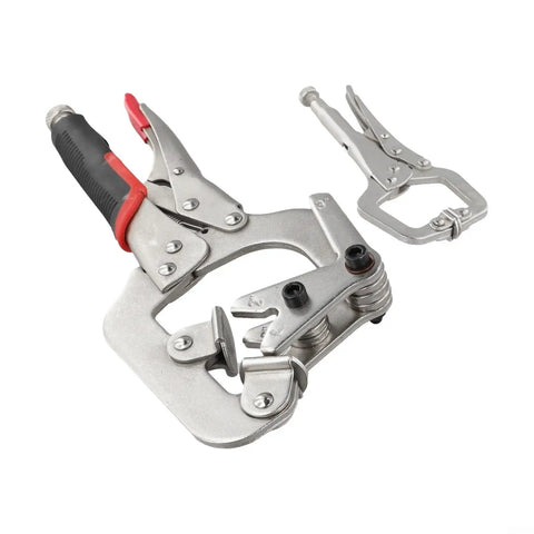 Solid Locking Clamp Set Featuring 10 Inch Welding Pipe Plier And 5 Inch Mini C-Clamp, chrome vanadium steel, ergonomic rubber handles.
