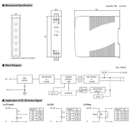 Rugged Industrial Rail Mounted 20W 12V Switching Power Supply MDR20W12V For Control Panels And Automation Tough as nails, mechanical diagram