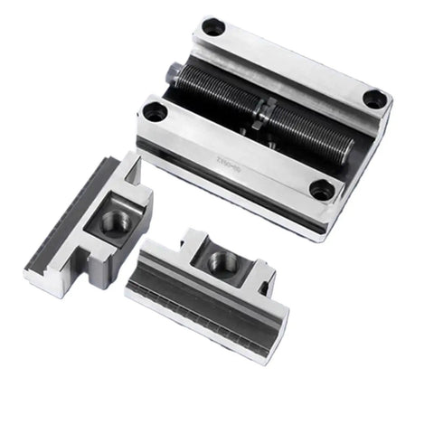 Hefty CNC Turntable Vise With Self Centering Jaws Slick Swivel Base Locks It Down Firm 6 To 60 Millimeter Jaw Spread parts showing steel construction.