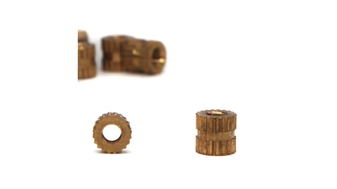 Brass M3 knurled threaded inserts showing front and side views for heat set applications, part of the M3 Knurled Threaded Inserts Brass Heat Set Nuts Kit 300Pcs Assortment For Laptop, 3D Printer, And Plastic Projects With Press In Embedment, 0.5mm Pitch, Sizes M3x3 Through M3x12.