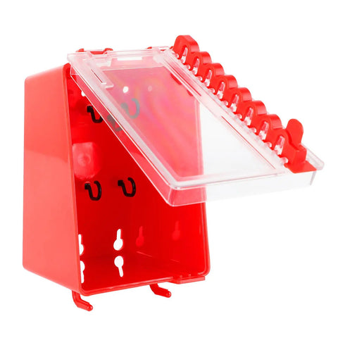 Tough As Nails Wall Mount Group Lockout Box featuring eight digit combination, transparent window, red ABS, holds eight padlocks.