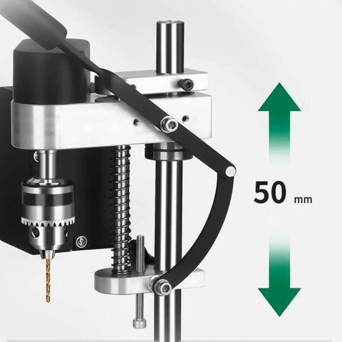 Side view of Small But Mighty Mini Drill Press Benchtop with 7 Adjustable Speeds 775 Motor B10 Chuck, showcasing 50mm drilling depth.