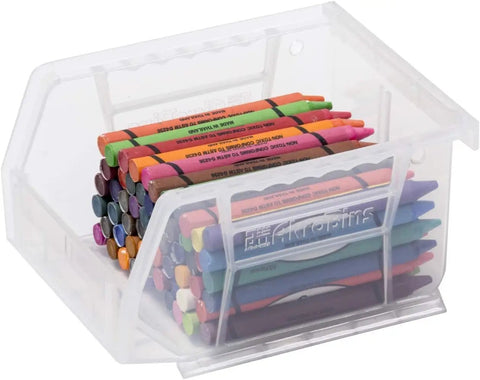 Hella Tough Stackable Plastic Storage Bins 5 X 4 X 3 Inch Green 24 Pack holding crayons in a clear organizer box.