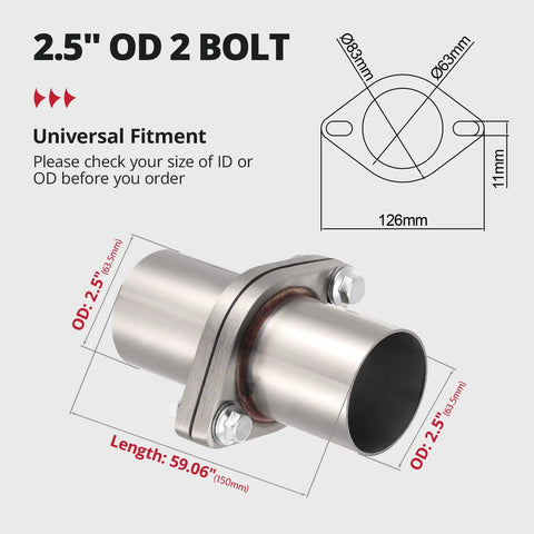 Universal 2 Bolt Exhaust Flange Repair Piping Kit With Premium 304 Stainless Steel Gasket Set quick fix for 2.5 inch OD pipe detail.