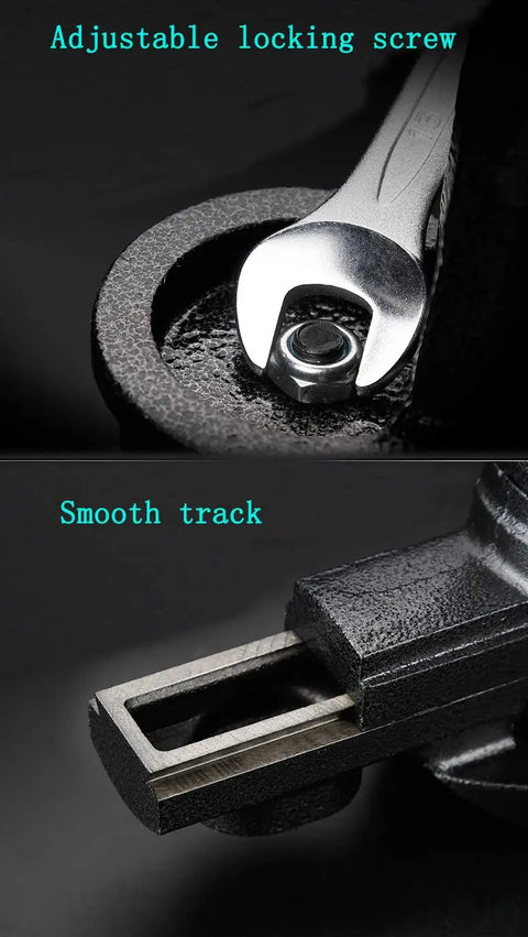 Close-up of adjustable locking screw and smooth track on Heavy Duty Clamp On Vise With 360 Degree Rotating Jaw, 3.2 Inch Wide Jaw.