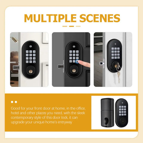 Hella Secure Slick Keyless Entry Door Lock With Electronic Keypad Deadbolt, shown in multiple door styles, sleek design for home and office.
