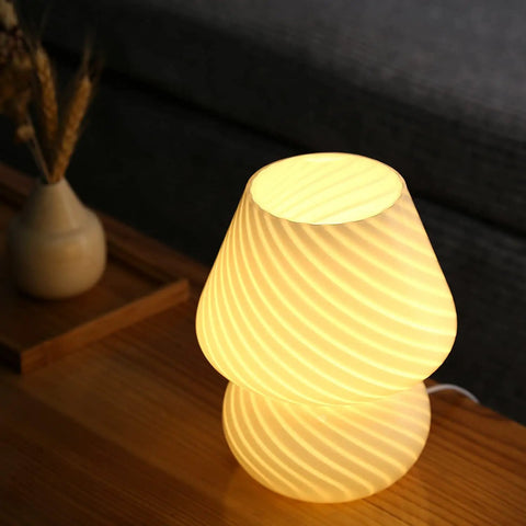 Mushroom Glass Table Lamp With White Stripe, Vintage Murano Inspired Night Light for Bedroom emitting ambient warm white LED glow