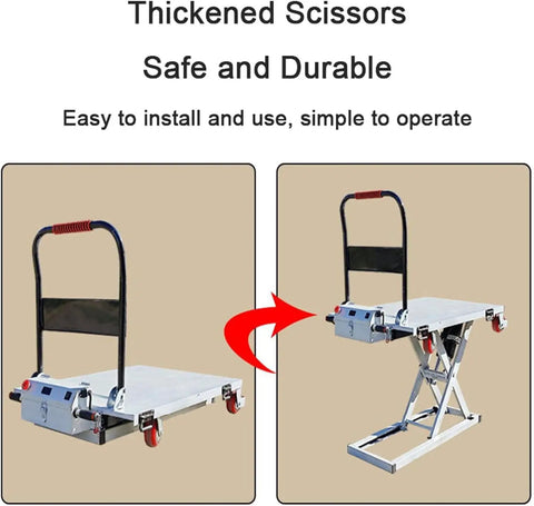 Heavy Duty Electric Rechargeable Folding Forklift Cart With Hydraulic Lift Platform For Pickup Trucks And Vans 300 KG Capacity 43 Inch Height No Sweat Quick Load Setup shown in compact and raised positions.
