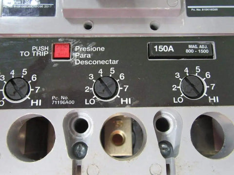 Heavy Duty Hfxd63B150 150 Amp 3 Pole 600 Volt Molded Case Circuit Breaker control panel showing dials and trip button.