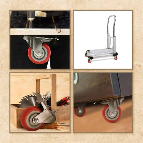 Smooth Cruising 4 Inch Red Polyurethane Caster Wheels With Dual Locking Brakes And Threaded Stem Mount Built Tough For Heavy Loads Totally Silent Non Marking Rollers Pack Of Four in workshop setup.