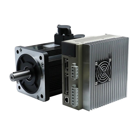 AC servo motor with matched driver and heat-sink enclosure, side view.