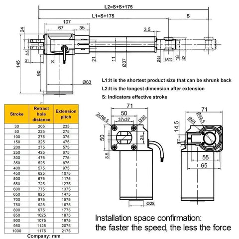 Technical diagram of 6000N High Thrust Linear Actuator Built Tough for 12V-48V Range with Silent Low Noise Motor