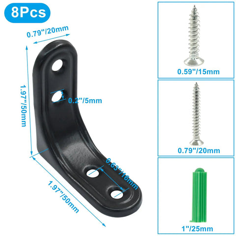 Built Like A Tank Heavy Duty L Brackets 2X2 Inch Black Powder Coated Steel Corner Supports Eight Pack with dimensions and screws.