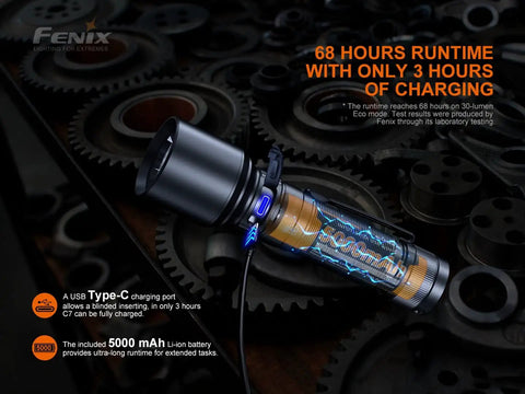 Rechargeable 3000 Lumen Flashlight With USB-C Fast Charging And Lumentac Organizer on gears display