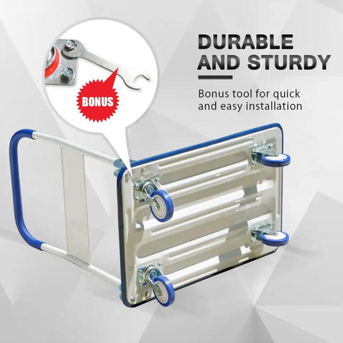 No Sweat Foldable Push Cart Dolly Rocking A Solid 660 Pound Load Rating For Smooth Moving Hauls And Super Compact Portable Trunk Storage In Vivid Blue with bonus tool for installation.