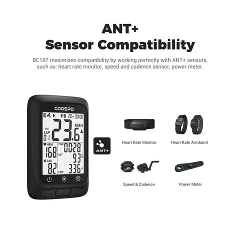 GPS Bike Computer With Wireless Connectivity, ANT+ And Bluetooth, 2.4 Inch LCD Screen, Auto Backlight, IP67 Waterproof display