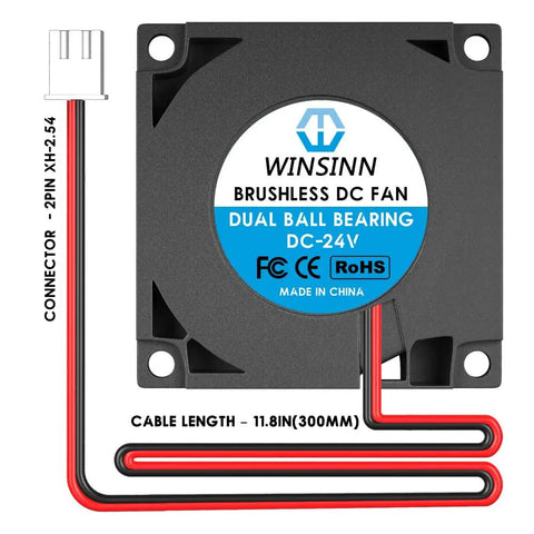 Heavy Duty 40mm Blower Fan 24 Volt Upgrade For 3D Printers No Sweat Install Dual Ball Bearing Quick Swap Replacement Steady Airflow Exhaust Fan Pack Of Five close-up of black brushless DC fan with dual ball bearing.