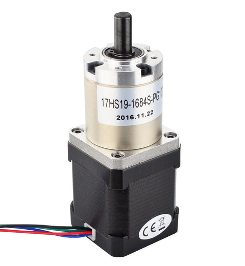 Front view of STEPPERONLINE 100:1 planetary gearbox with NEMA 17 stepper motor, black housing, silver top