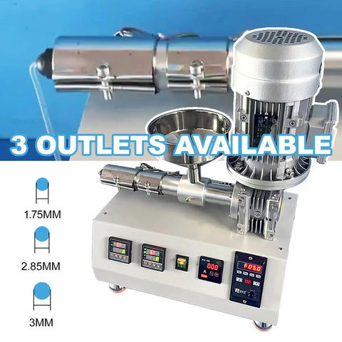 Top Shelf Desktop Filament Extruder With Badass Pid Temperature Regulation And Drop Dead Slick Nozzle Swap For Crushing Out Premium 3D Printing Spool From Raw Material At Nine Hundred Grams Per Hour On Abs Tpu Pet, showing 3 outlet sizes: 1.75mm, 2.85mm, and 3mm.
