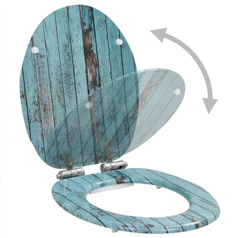 Built Tough Smooth Soft Close Toilet Seat Set Featuring Rustic MDF Wood Finish And Rock Solid Zinc Hinges For Quick No Sweat Bathroom Refresh Upgrade, blue wood design, open view