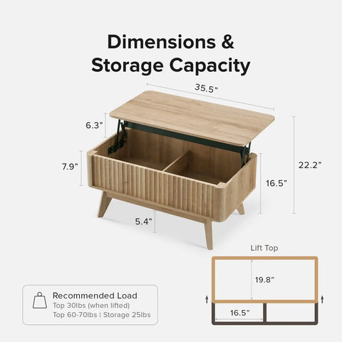 Lift Top Coffee Table With Hidden Storage, Mid Century Modern Farmhouse Design, Fluted Oak Finish, showing dimensions and storage capacity.