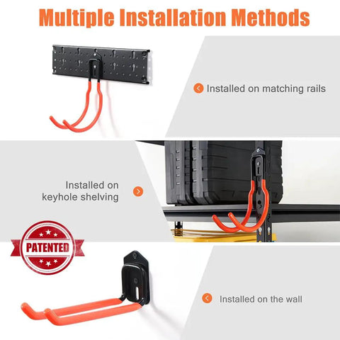 Multiple installation methods of Heavy Duty Multi Storage Garage Hooks Wall Mounted Garden Tool Organizer in different settings.