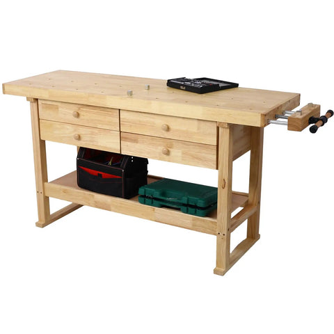 Rock Solid 60 Inch Wooden Workbench With Four Spacious Drawers And Heavy Duty Welding Table Top Loads Up With Four Drop Forged F Clamps For Garage Shop Builds displaying a wooden workbench with drawers and tools.