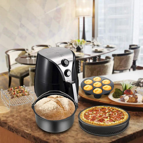 Must Have Ultimate Air Fryer Accessories Set For 3.7QT To 5.8QT Deep Fryers with cake barrel, pizza pan, cupcake pan, skewer rack on counter