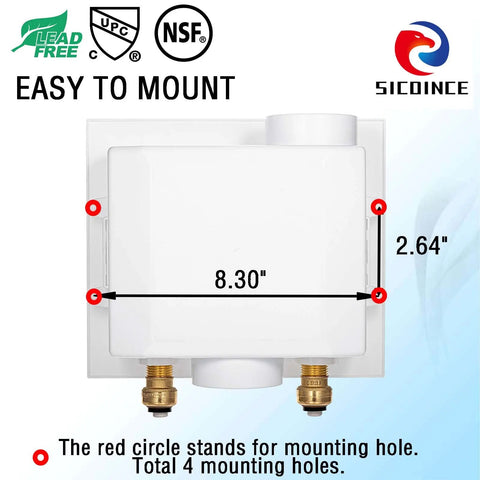 Front view of Washing Machine Outlet Box With Water Hammer Arrestor And One Quarter Turn Ball Valves, dimensions shown.