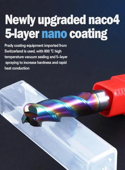Close-up of rainbow-coated tungsten carbide round-nose end mill for CNC routing.