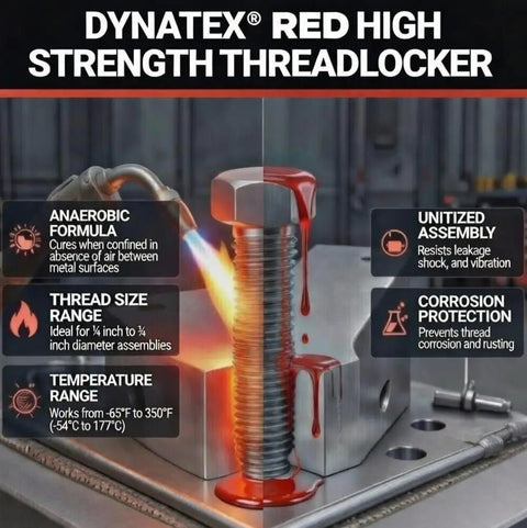 Red High Strength Thread Locker For Large Fasteners 0.34 Ounce Bottle Six Pack Bulletproof Permanent Locking info graphic