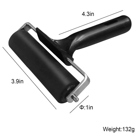 4 Inch Rubber Brayer Roller For Flooring Installations And Decking, Heavy Duty Glue Roller with black handle, dimensions labeled
