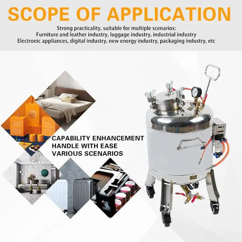 Built Rock Solid 30 Liter Stainless Steel Air Spray Gun With Precision Pressure Gauge And Auto Safety Valve Zero Sweat Industrial Adhesive Coating Delivers Top Shelf Performance Featuring 1.5 MM And 1.8 MM Nozzles Plus Eight Meter Hose Kit with multiple application visuals.