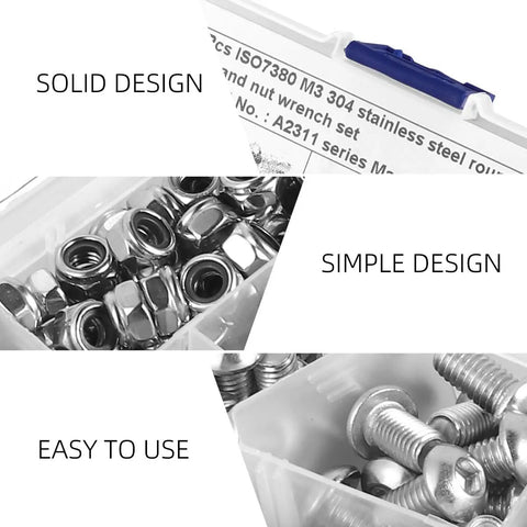130 Pcs 304 Stainless Steel M6 Round Head Screws And Nuts Set in plastic box, solid and simple design.