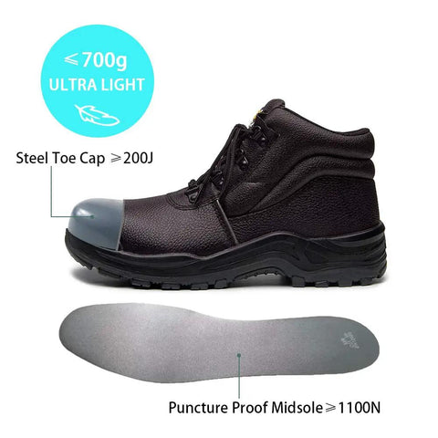 Side view of Water Resistant 6 Inch Steel Toe Work Boots for Men EH Rated Safety Footwear Up To 600V, highlighting steel toe cap and sole